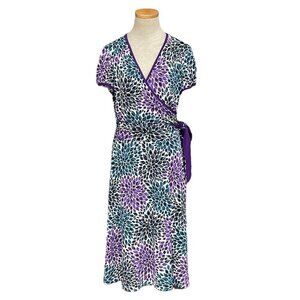 Short Sleeve Dress V-Neck Midi Tie Floral Purple Size Large L